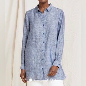 GARNET HILL LINEN LONG SLEEVE BUTTON DOWN TUNIC BLUE CHAMBRAY - PS